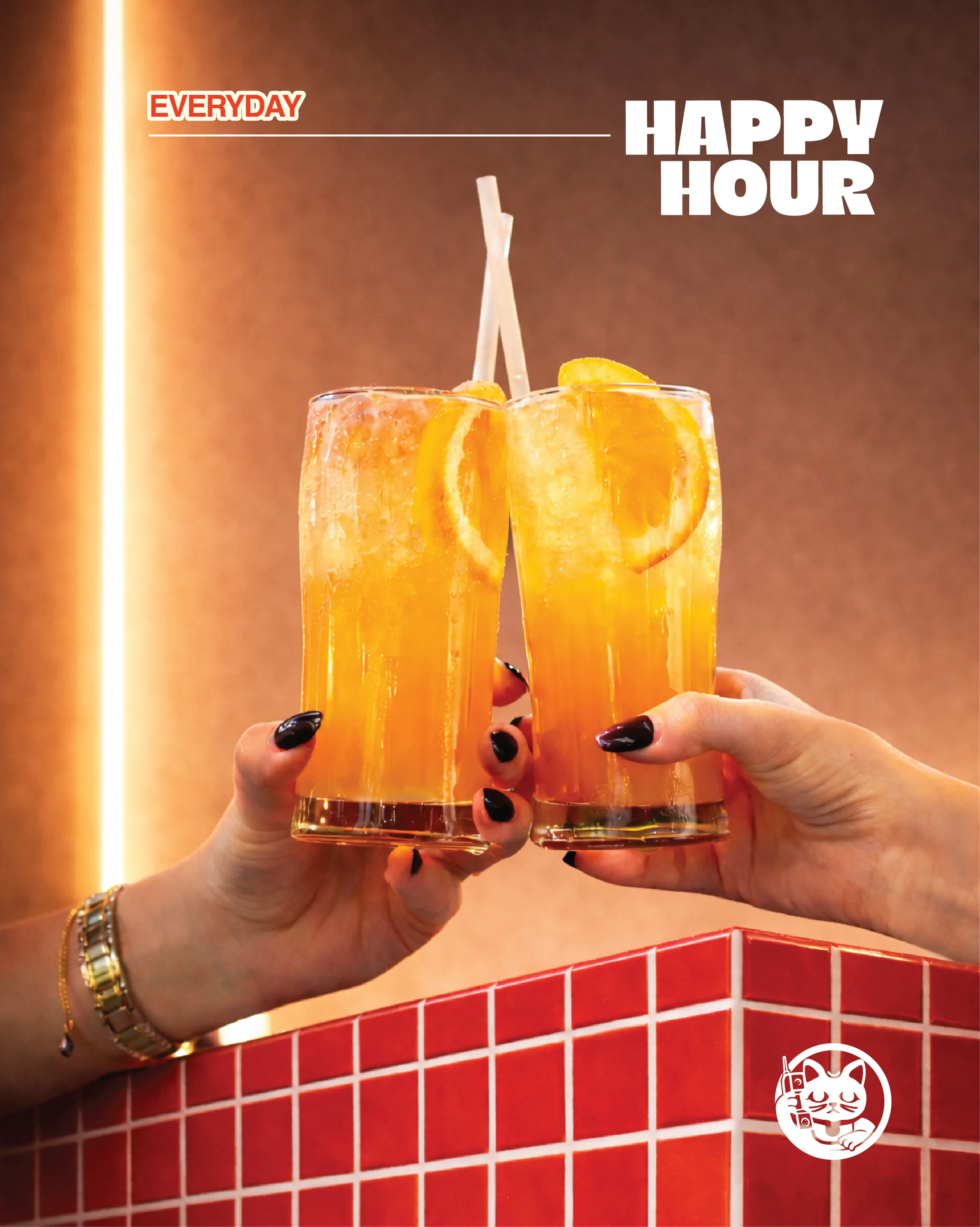 A 1-800-Lucky 'Everyday Happy Hour' flyer — two hands toast tall orange cocktails over red tile beneath a warm light strip.