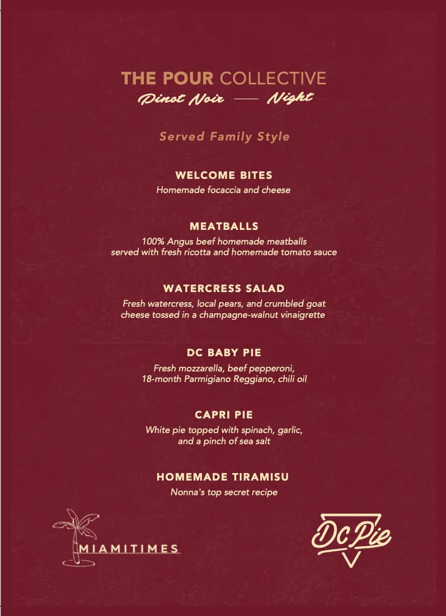 A designed menu card for 'The Pour Collective — Pinot Noir Night' at DC Pie Co., listing welcome bites, meatballs, watercress salad, and pies served family style.