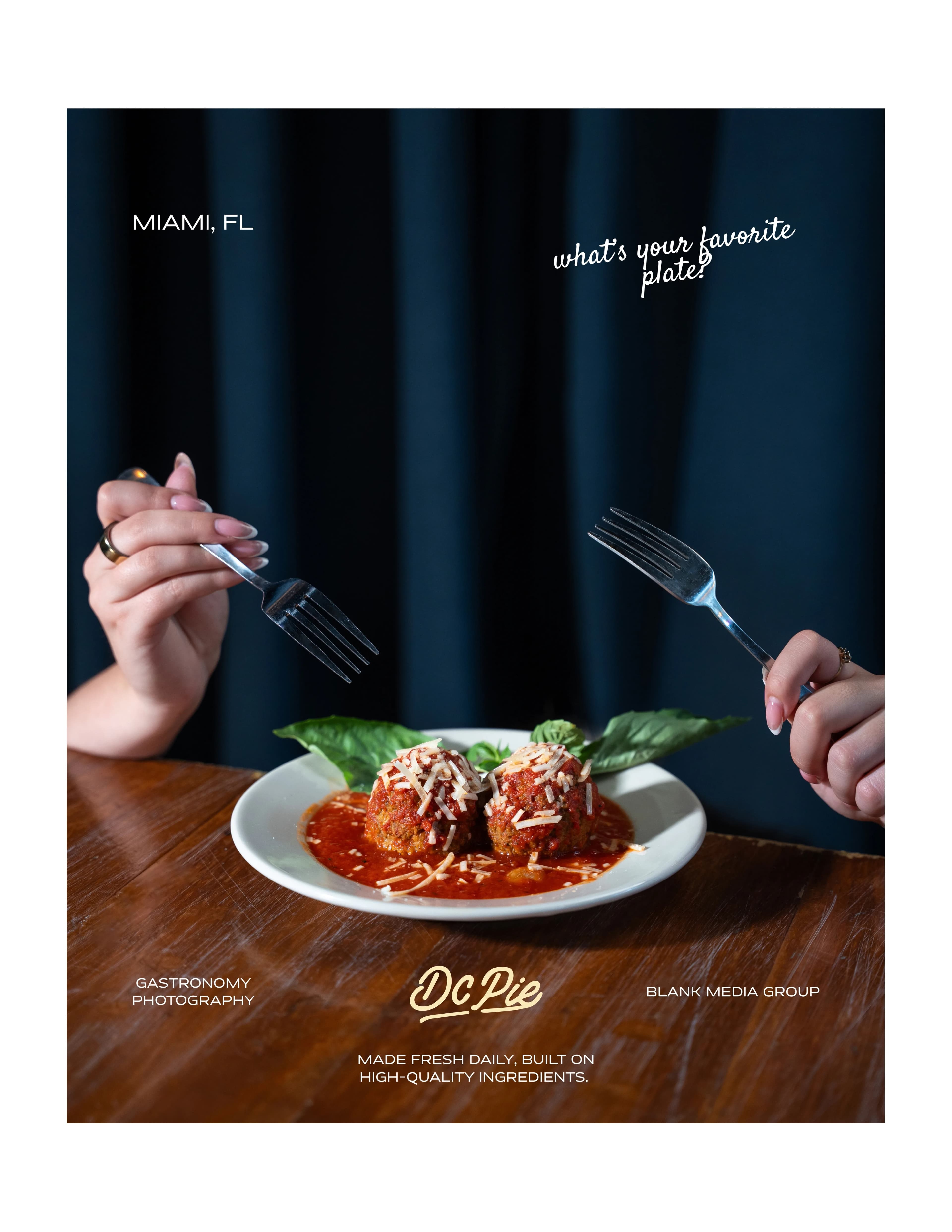 A DC Pie Co. brand tile reading 'Miami, FL — what's your favorite plate?' over a plate of pasta with two hands poised with forks.