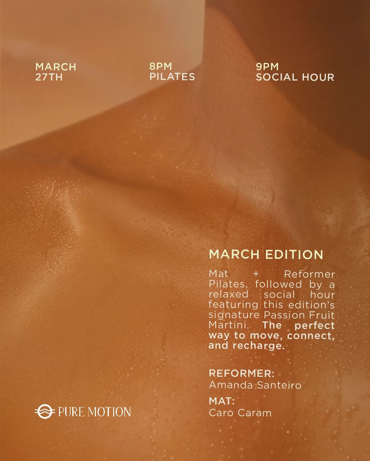 A Pure Motion 'March Edition' Sip & Sculpt event flyer over a warm body-texture background.