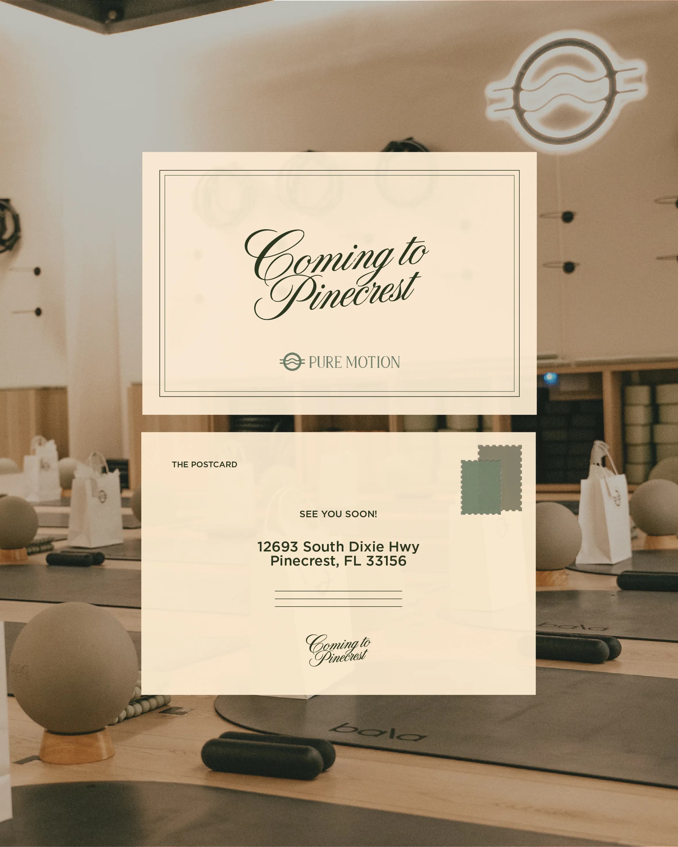 A Pure Motion 'Coming to Pinecrest' announcement card with the new studio address over the reformer floor.
