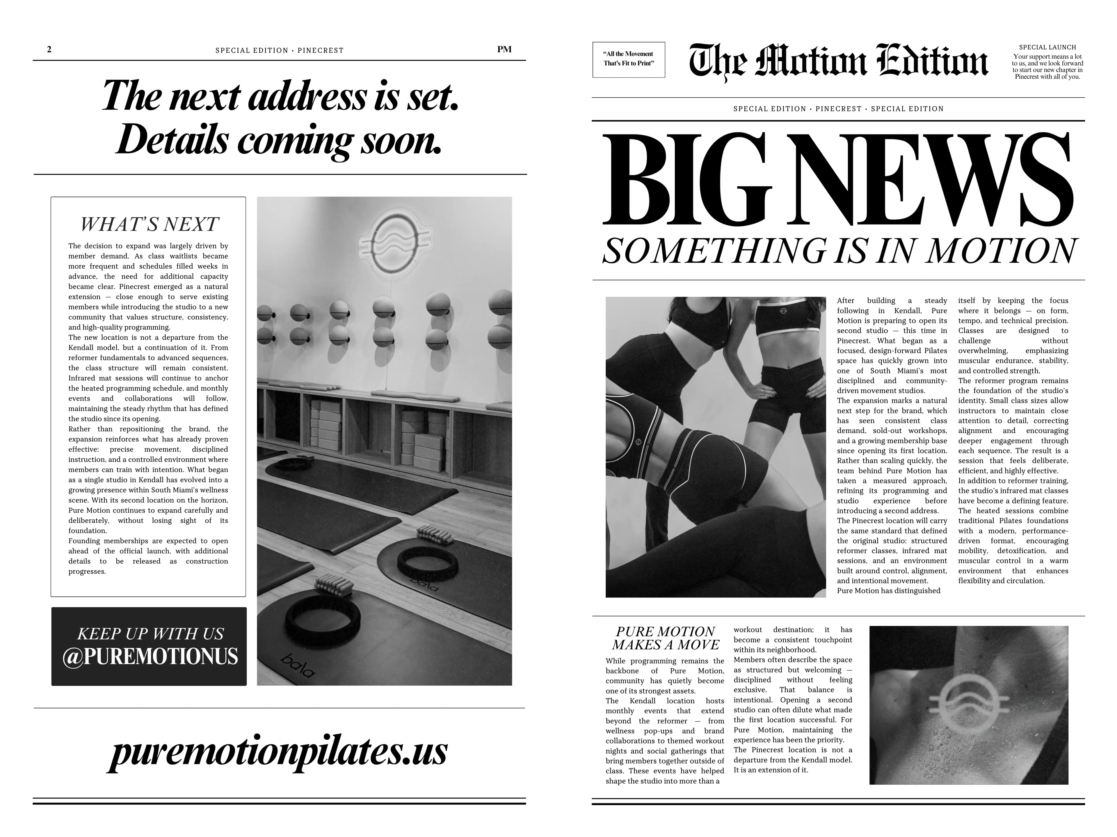 A designed 'Motion Edition' newspaper announcing 'Big News — something is in motion' for Pure Motion.